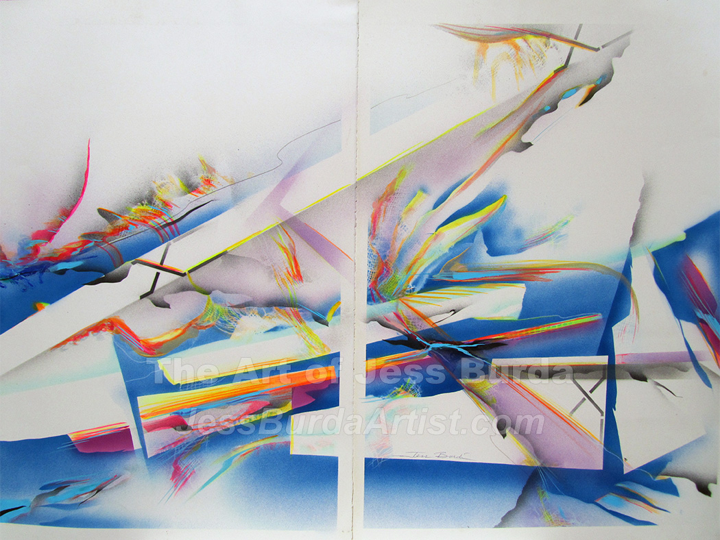 Abstract painting of colorful planes colliding and intersecting in multiple orientations