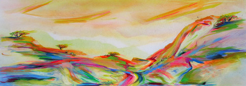 Impression painting of reflections of colored light on a neon landscape