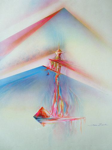 Impression painting of a devotee meditating in front of a sacred temple below 
a pyramid
