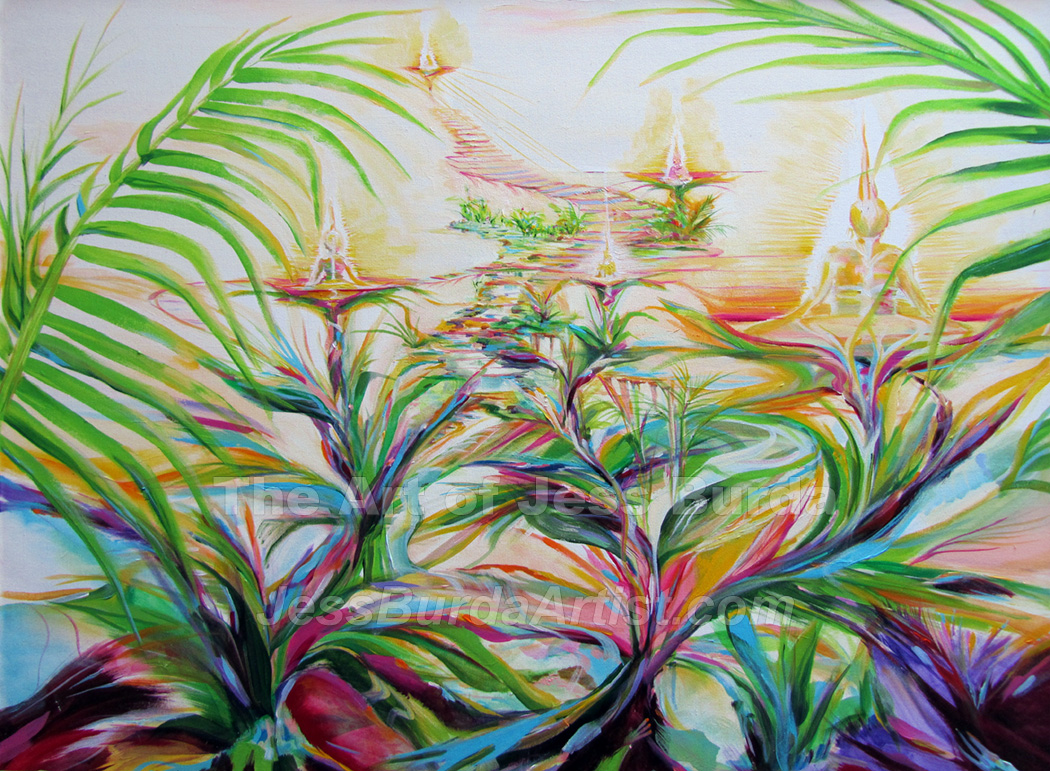 Painting of the guardians of earth spreading etheric light through a tropical forest
