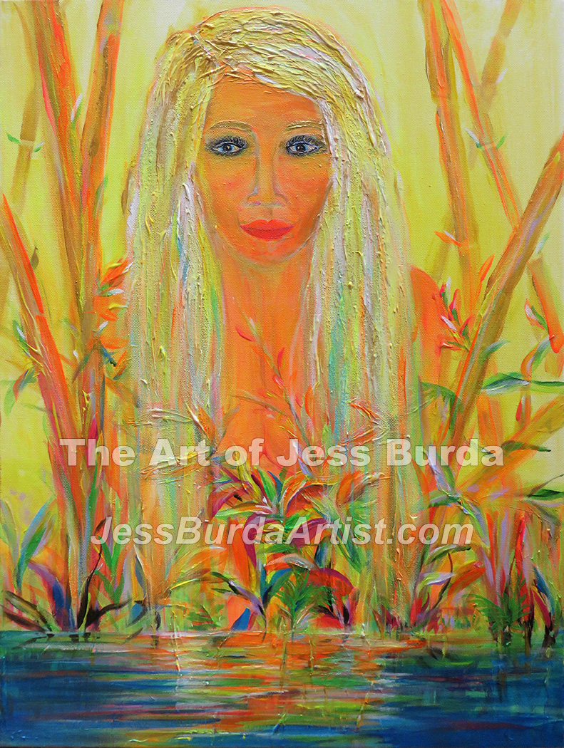 Nude woman with light hair over water