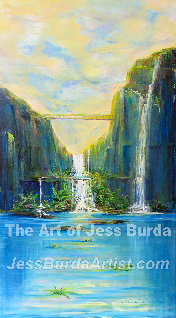 Bridge between two mountains with waterfalls and lake