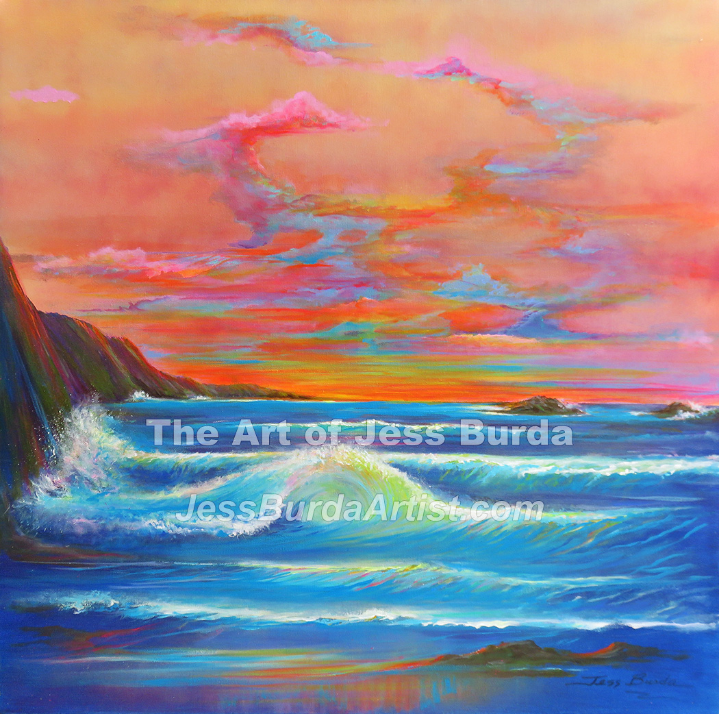 Vibrant sunset with wave crest in forefront