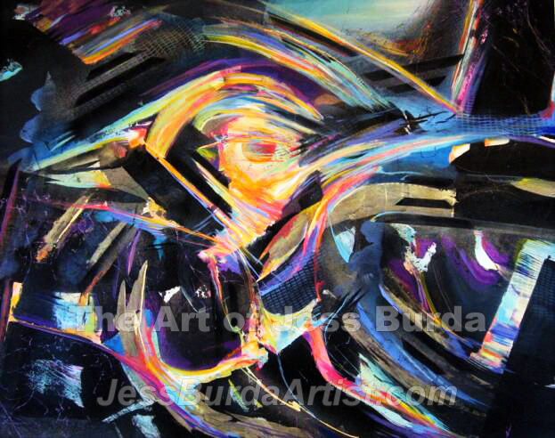 Abstract painting of spiraling light, colors and shapes that draw you into the center sphere