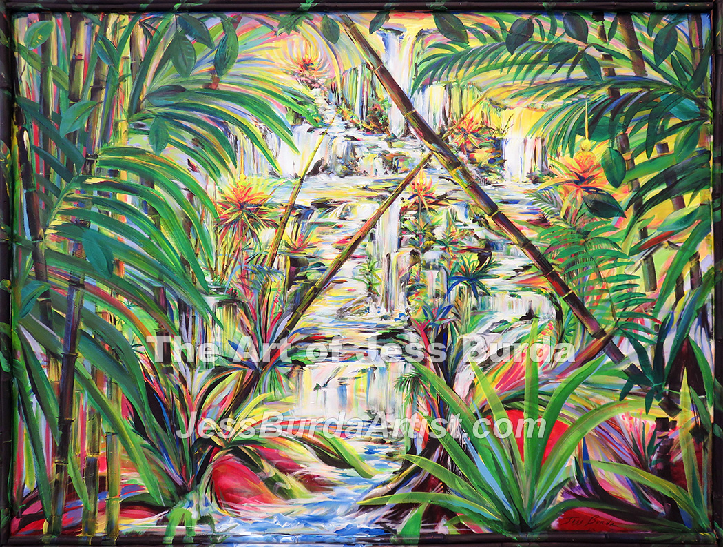 mixture of bamboo and variety of green ferns and bushes with water flowing down the middle