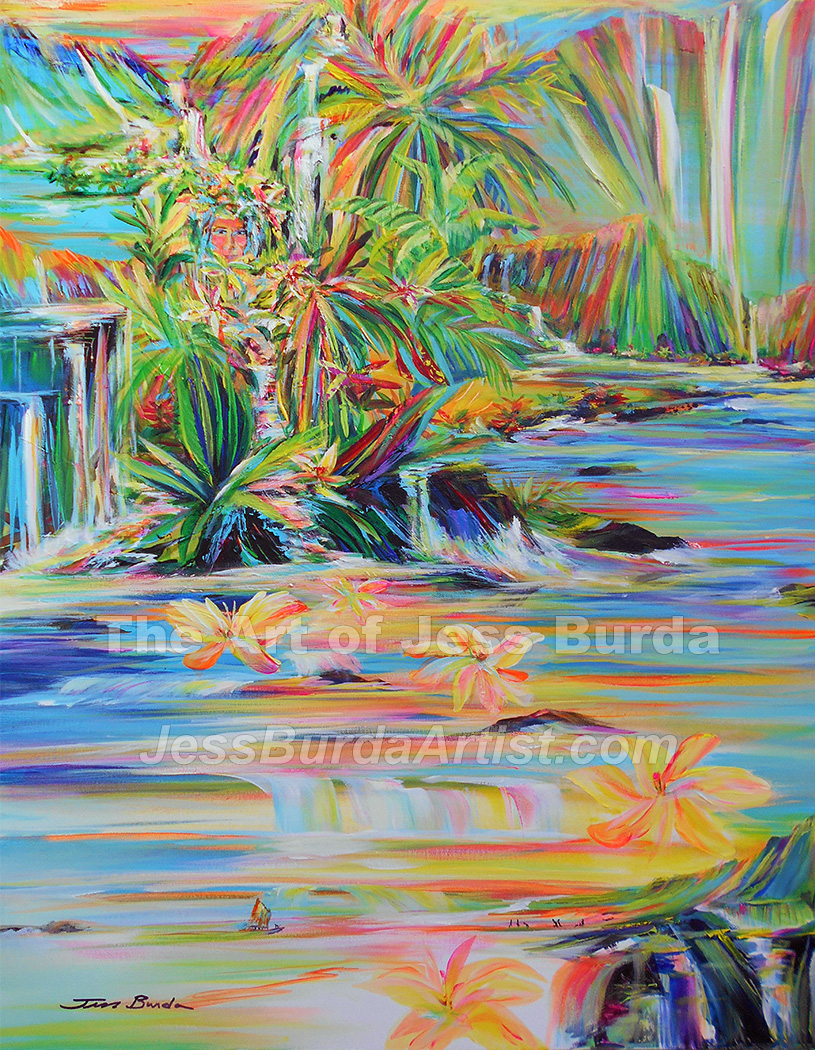 Tropical landscape painting of earth guardian blessing multi-dimesional realms