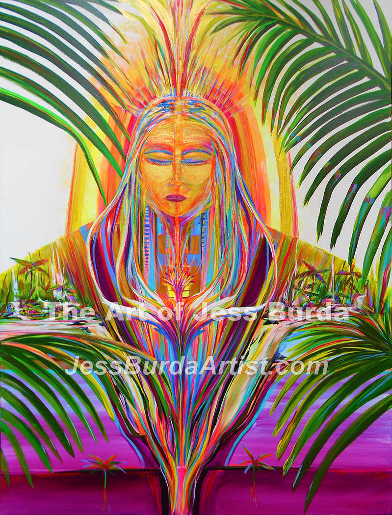 Female deity in tropical setting with large flower in front
