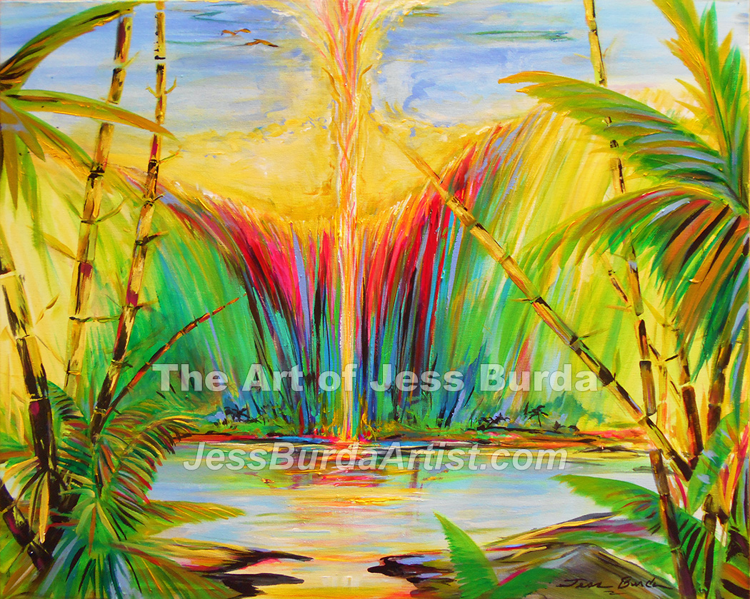 Tropical lake with bamboo and light vortex from top
