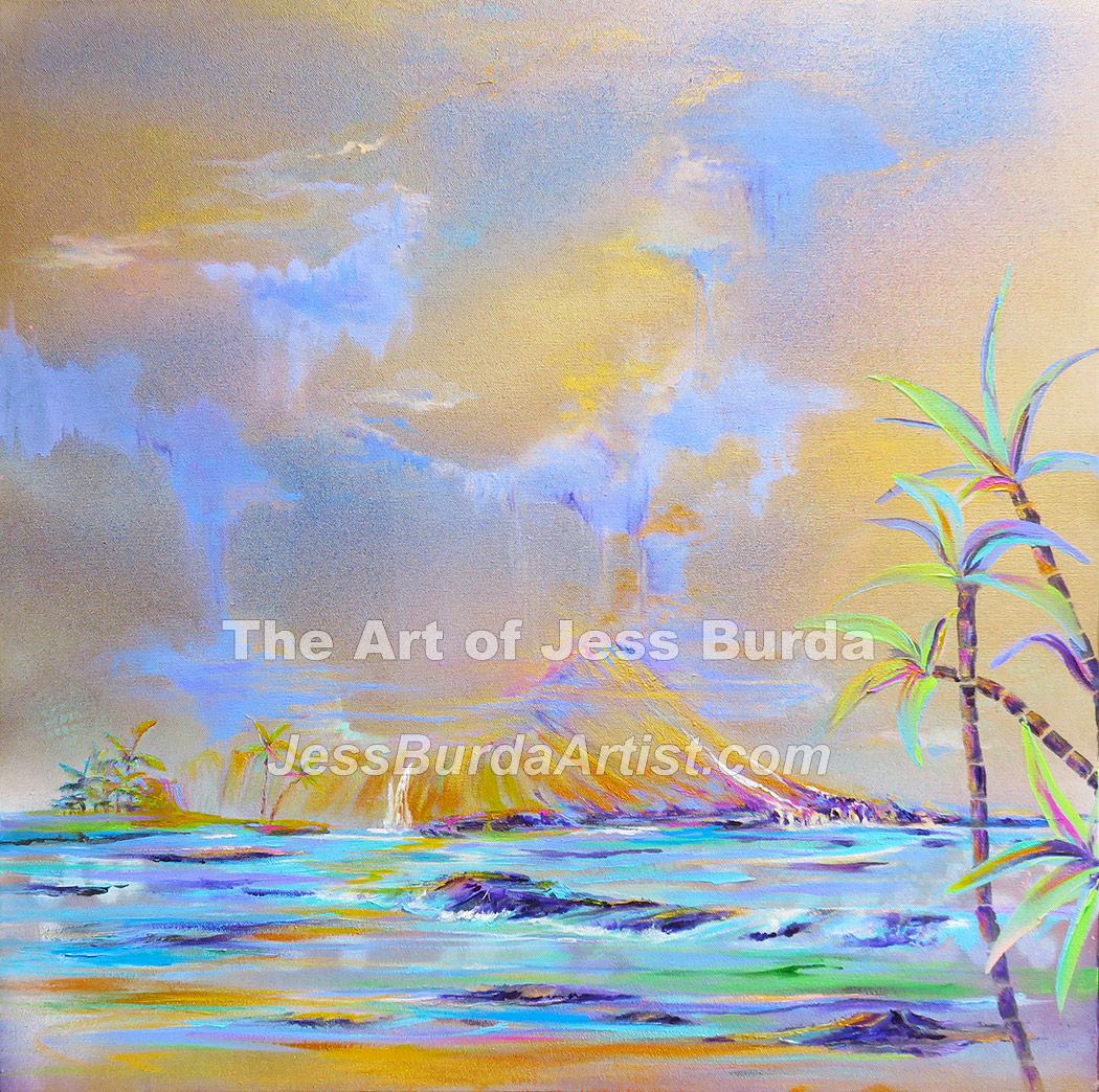 Blue Gold sky with gold mountains ocean and tropical plants in foreground
