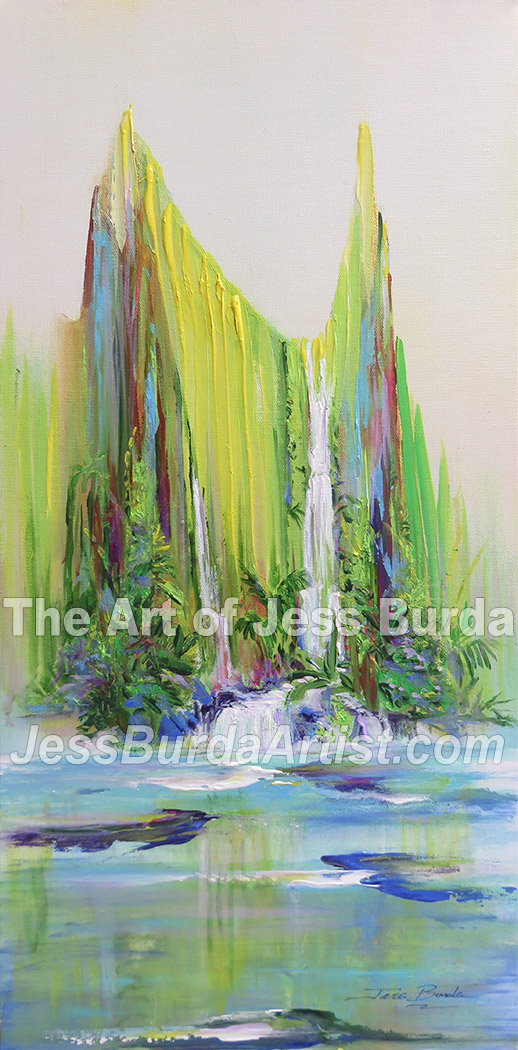 Reflective pond with waterfalls and ivory colored sky