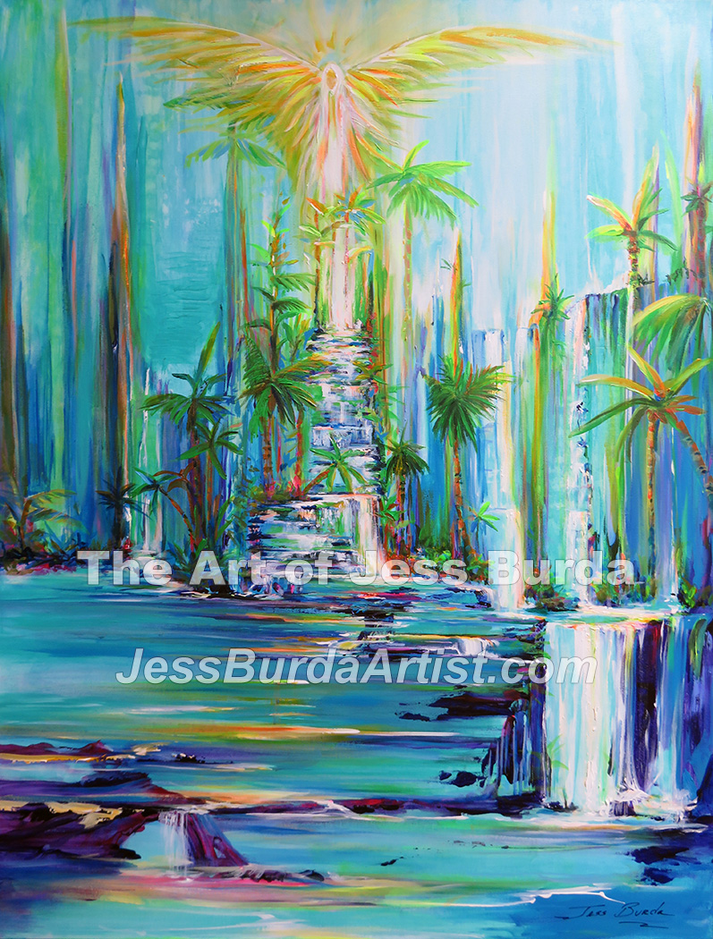 Shades of Blue dominate with waterfalls, rocks, palm trees and an Angel with spread wings in the upper center