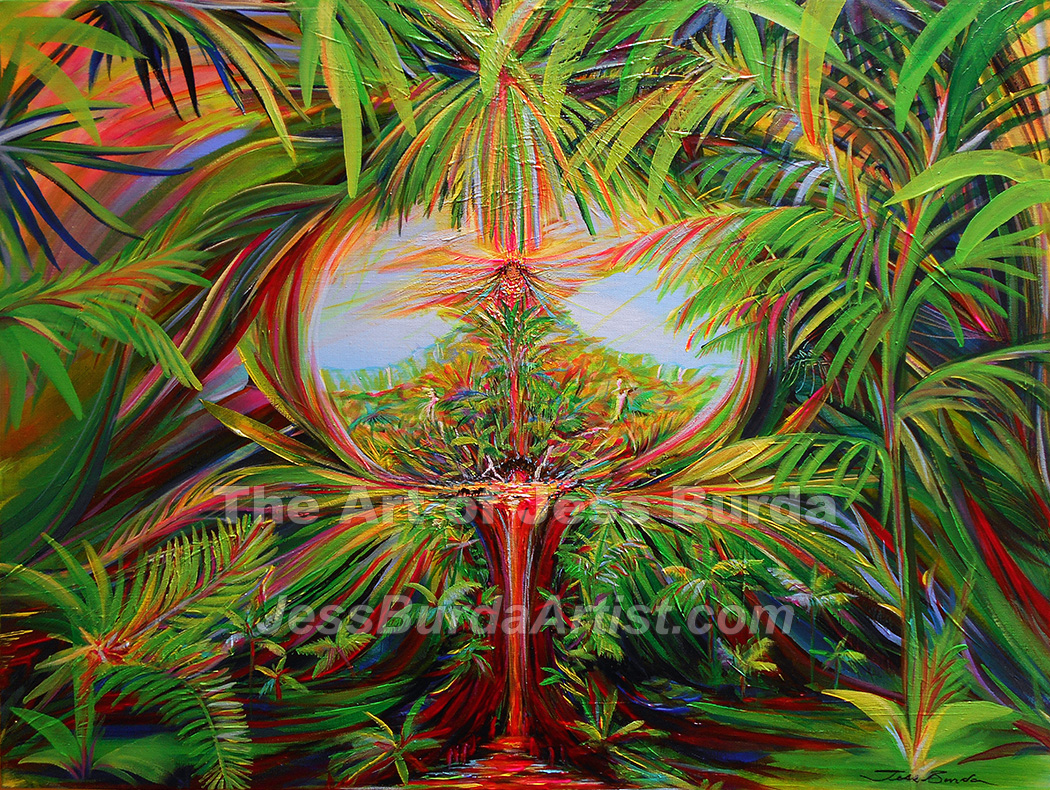 Tropical forest painting of shamanic ceremonial journey