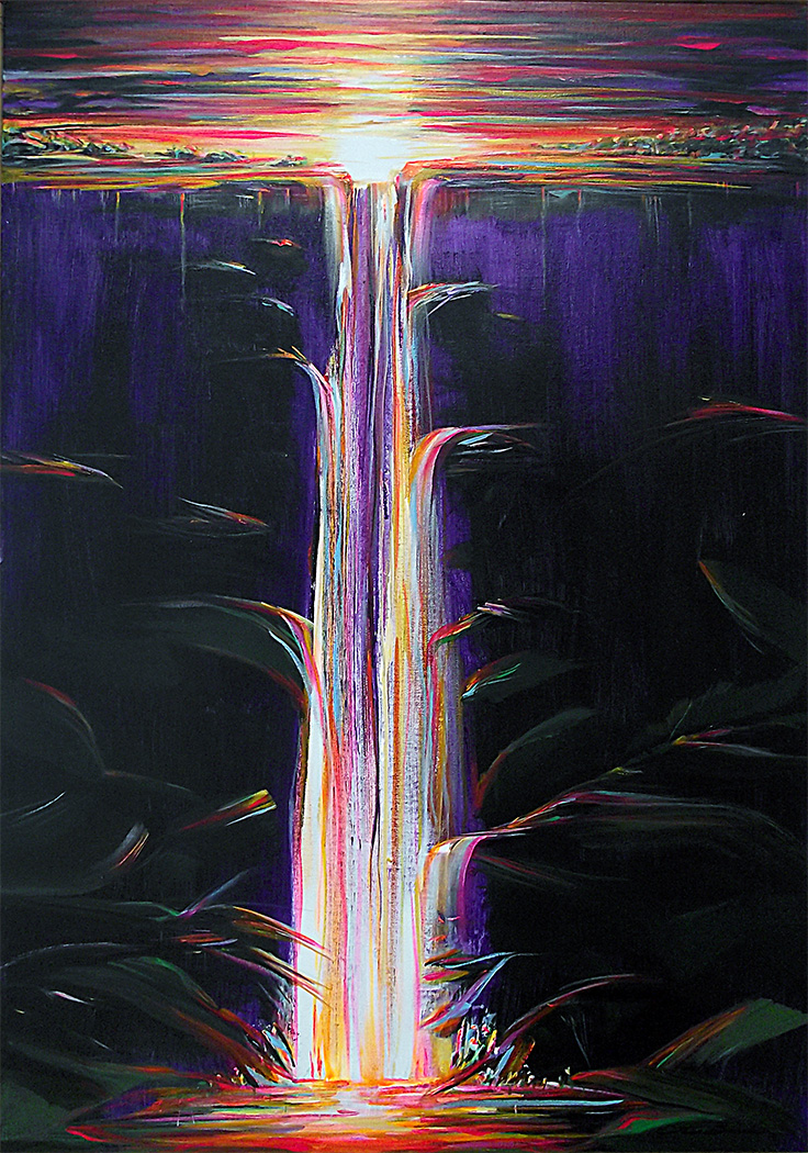 Tropical painting of the healing power in a long colorful, fluorescent waterfall