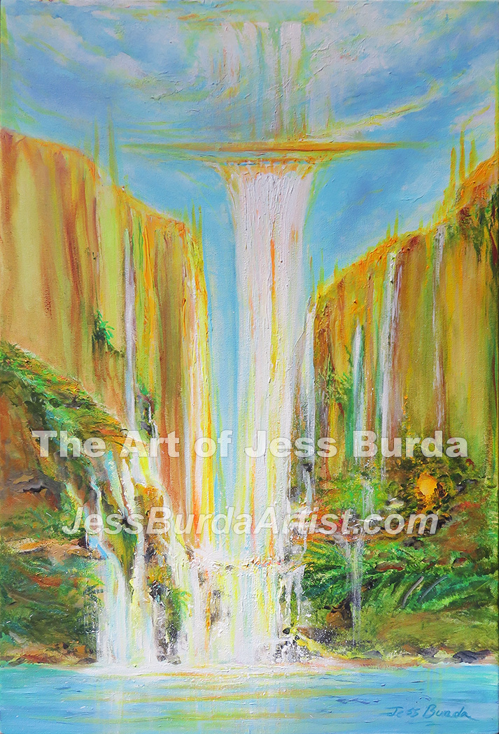 Etheric sky waterfall between two mountains
