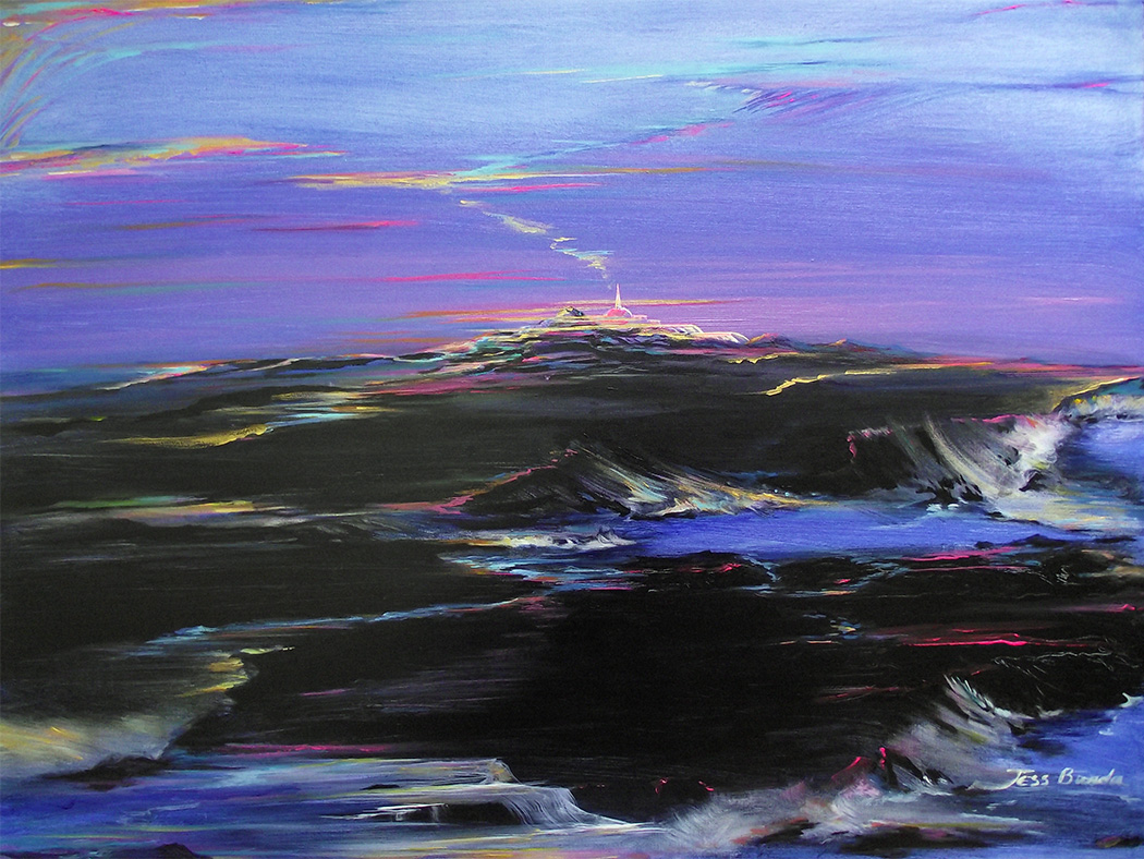 Tropical painting of the ocean with a lava shore leading to an illusive ancient golden temple