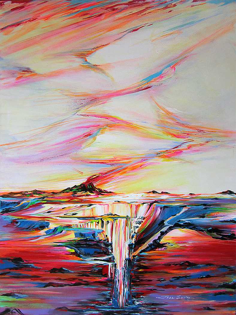 Abstract painting of a multi-colored volcanic eruption surging through a surface forming new lands