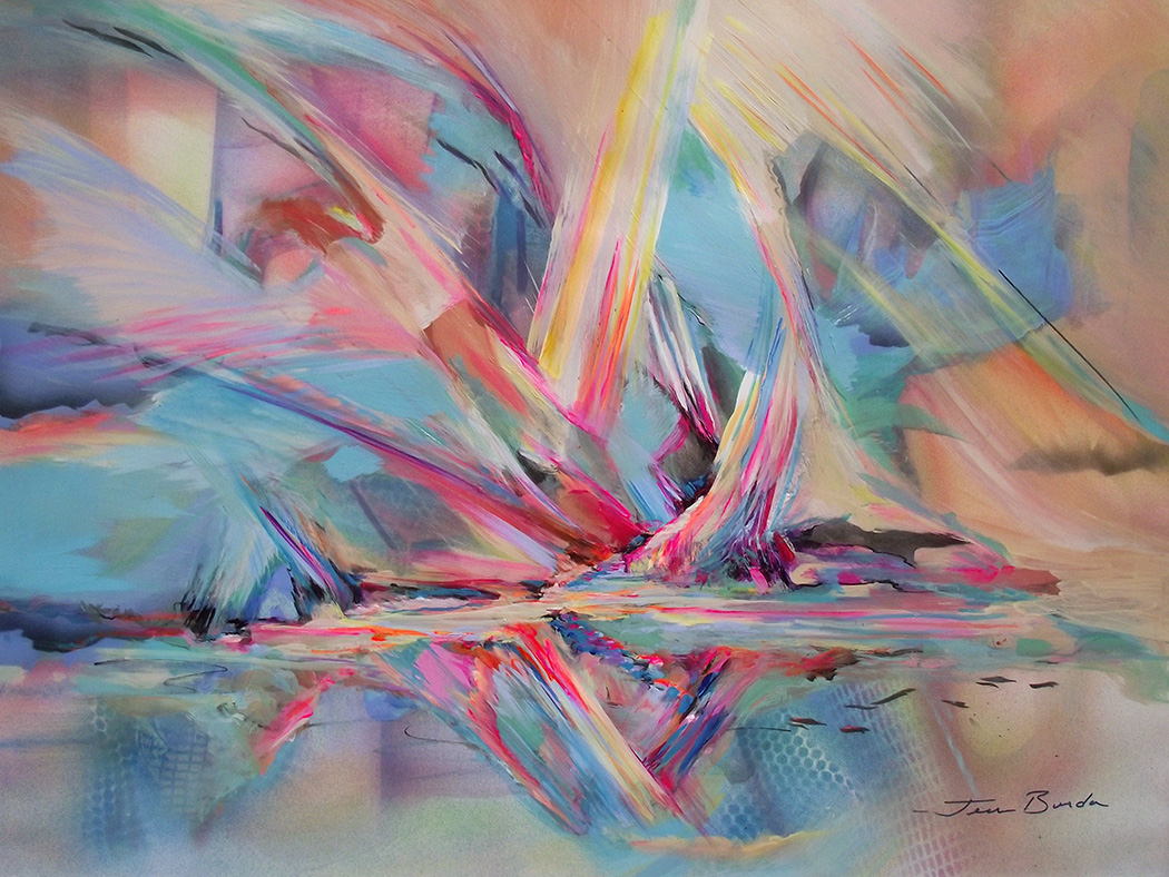 Abstract painting, visions of openings for travel into colorful aurora shapes