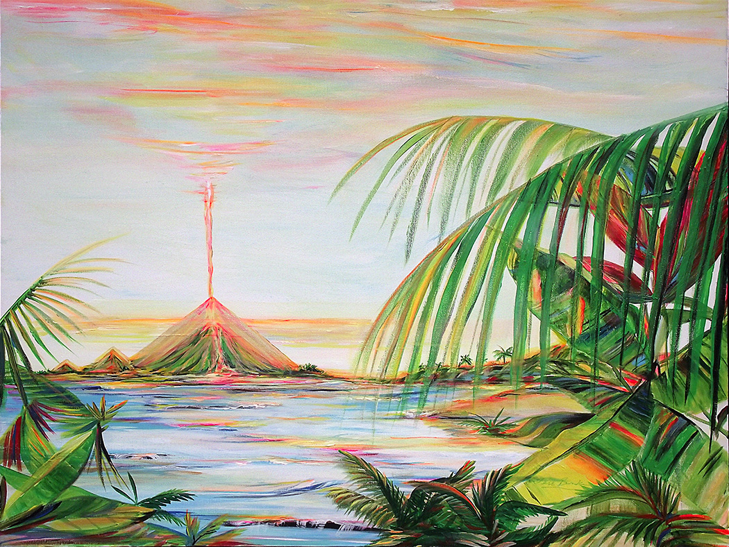 Abstract painting, visions of openings for travel into colorful aurora shapes