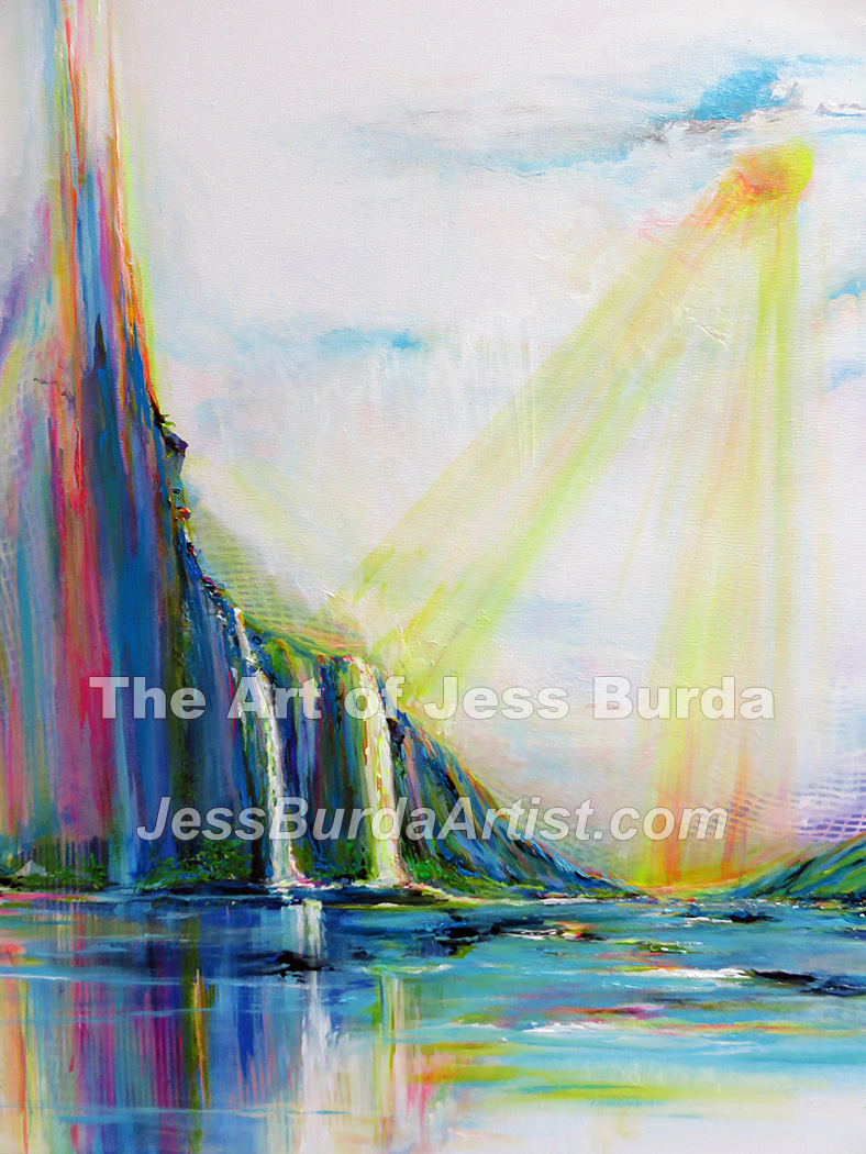Sun gleaming down on waterfalls from mountain peak to waterway