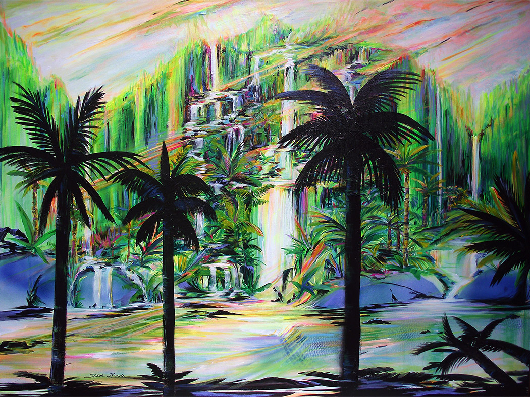 Tropical painting of mountains and waterfalls behind a silhouette of palm trees