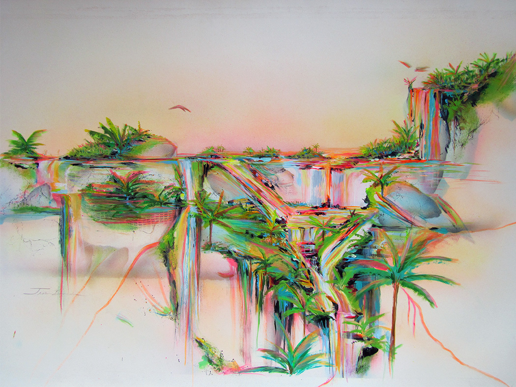 Tropical painting of mountains and waterfalls behind a silhouette of palm trees