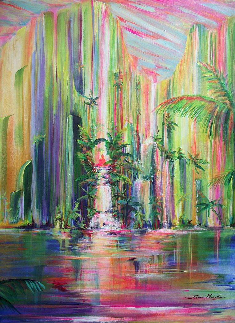 Abstract painting of soft sunrise, sunset, colors in sky, rainbows and earth