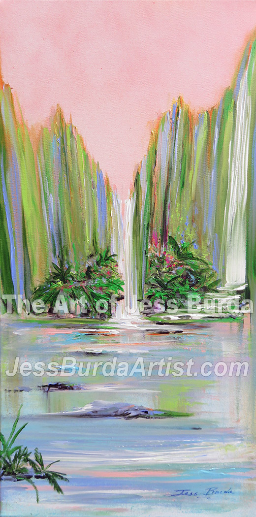 Reflective pond with waterfalls and peach colored sky