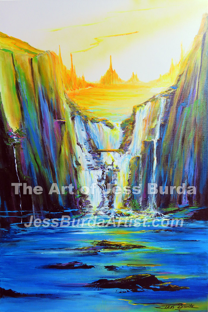 Waterway and waterfalls leading to distant golden peaks