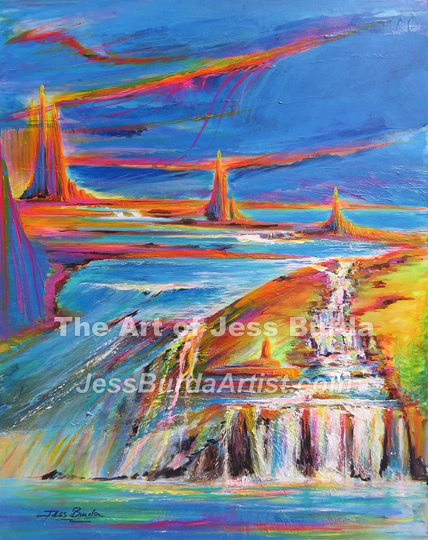 Vibrant sky and landscape with figure facing pinnacles