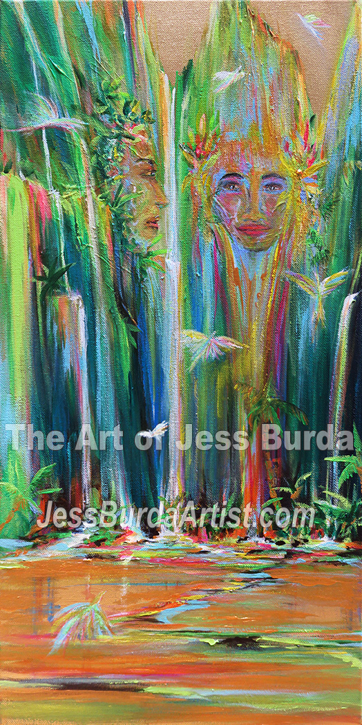 Female mountain faces with waterfalls and birds