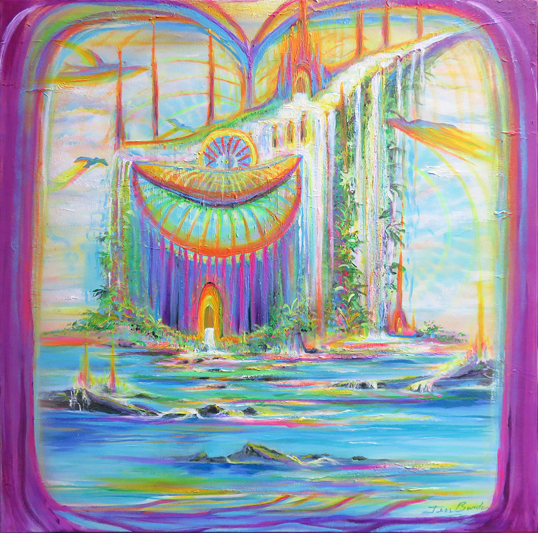 Water flowing from sky through wheel of time to ocean