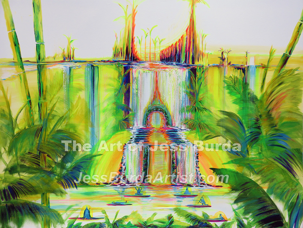 Tropical waterfall with people floating toward an opening
