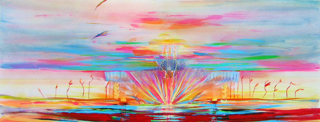 Abstract painting of multi-colored layers from sea to sky representing ascension to a higher level