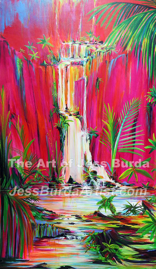 Abstract painting of multi-colored layers from sea to sky representing ascension to a higher level