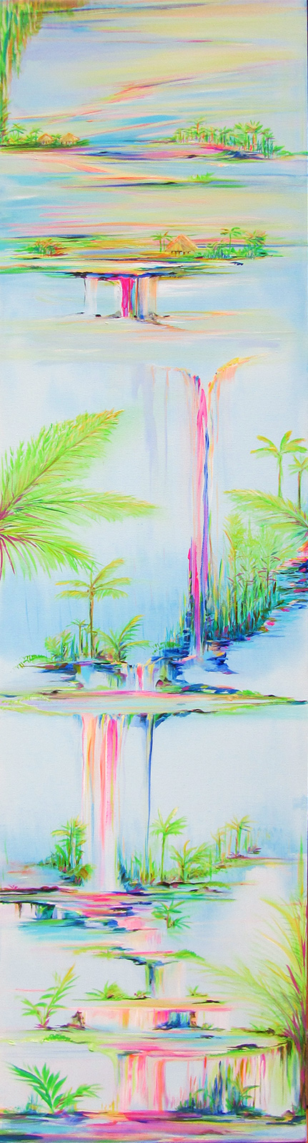 Painting of a long series of tropical scenes with multiple colorful waterfalls