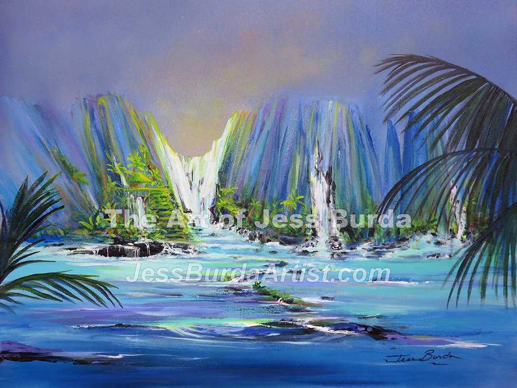 Blue evening lighted mountains with waterfalls to ocean cove, grass hut
