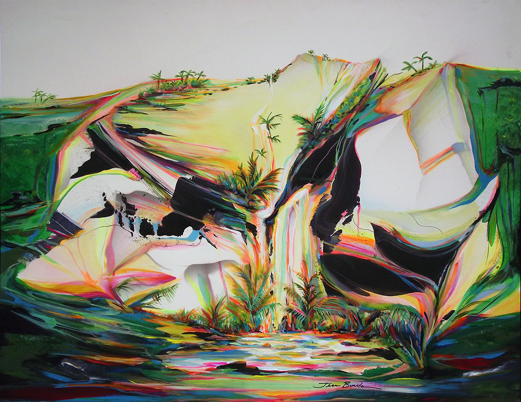 Painting of a combination of colors and shapes blending in a unique tropical setting