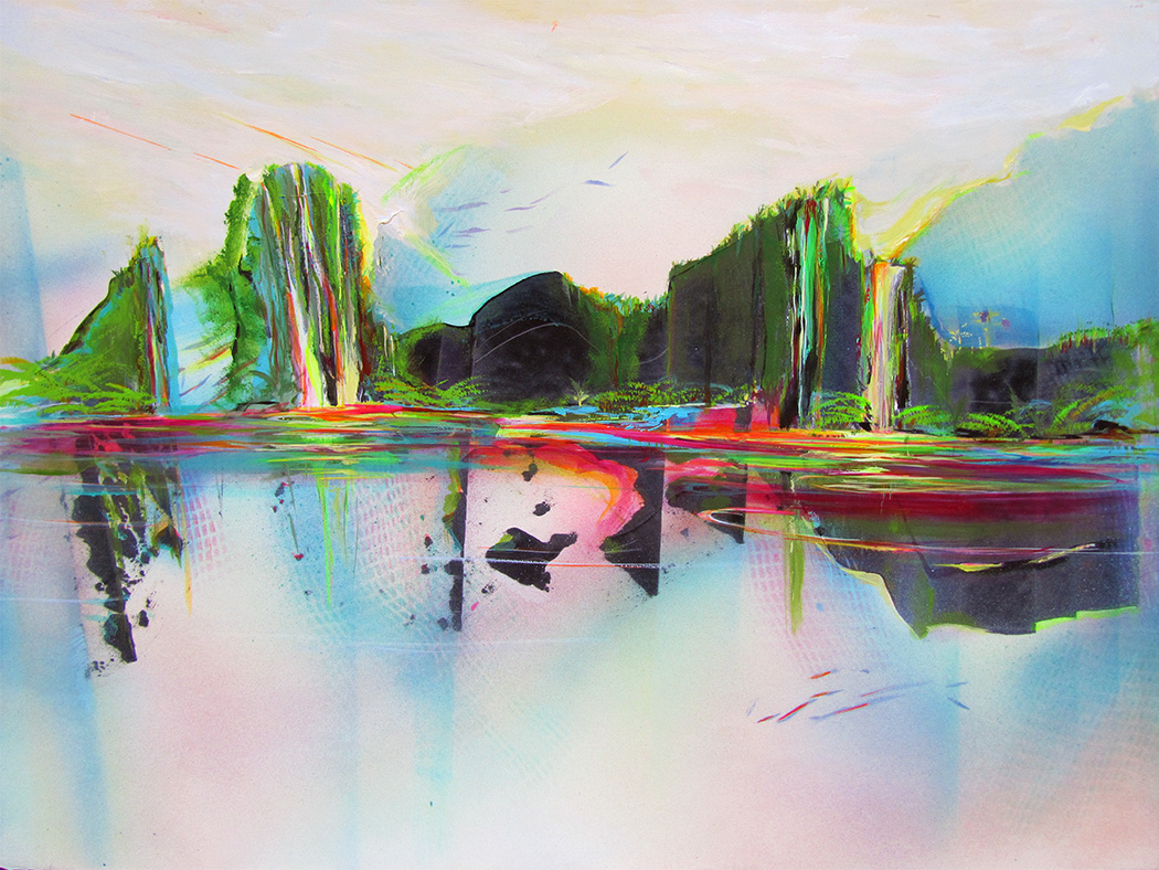 Painting of a combination of colors and shapes blending in a unique tropical setting