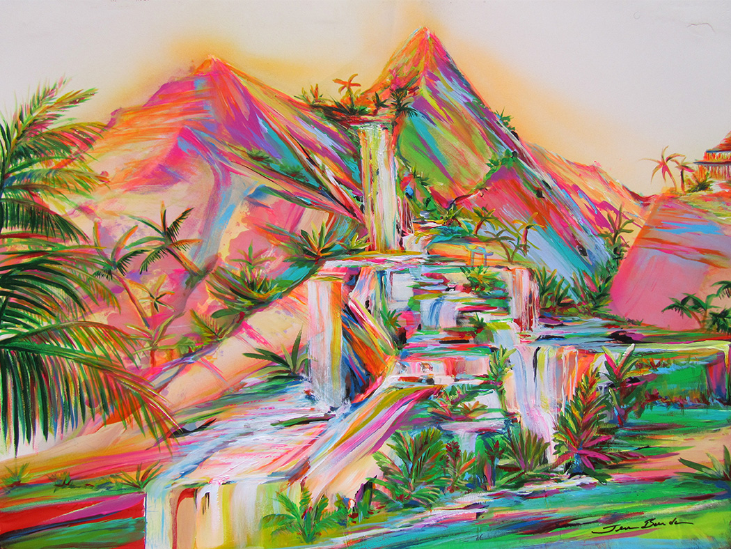 Panoramic painting of a lake and lava-mountains in the lush, green tropics