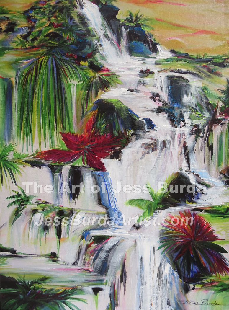 Tropical painting of rushing waterfall through colorful tropical foliage
