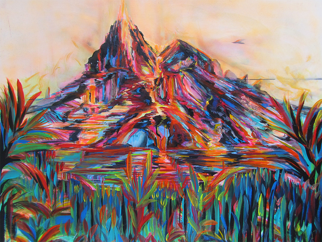 Tropical painting of large volcanic mountains and lava colors erupting in all directions on the Big Island of Hawaii