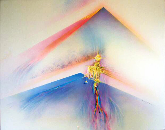 Tropical painting of large volcanic mountains and lava colors erupting in all directions on the Big Island of Hawaii